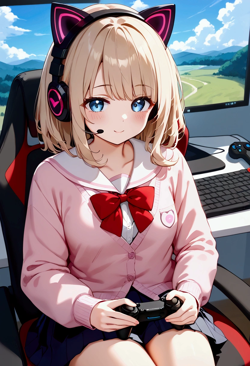 Highest quality, High resolution, masterpiece:1.2, Very detailed, woman１people々、cute、Small breasts、(blouse)、Pleated skirt、Red ribbon、Beige Hair、Very young、(Pink Cardigan)、Straight medium hair、Cat ear headphones、((computer))、((Game Controller))、Game screen、Sit on a chair、headset