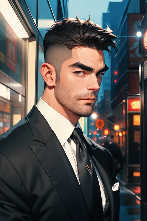(absurdres, highres, ultra detailed), (1 male, solo, adult, mature:1.4, aged up:1.4, old age, tall muscular guy, broad shoulders, handsome), very short hair, black hair, pomade, brown eyes, (angular jaw:1.4, thick neck:1.4, thick eyebrows:1.4), BREAK, night, dark, the night view of the city through a large window, formal suit, necktie, BREAK, upper body,