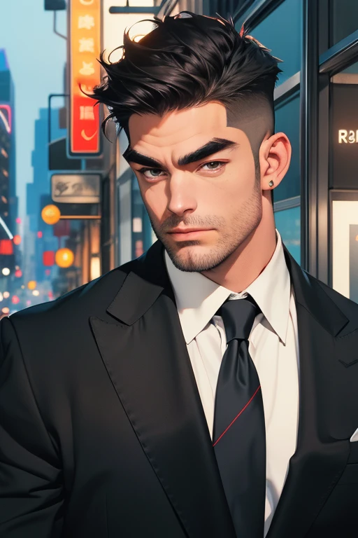 (absurdres, highres, ultra detailed), (1 male, solo, adult, mature:1.4, aged up:1.4, old age, tall muscular guy, broad shoulders, handsome), very short hair, black hair, pomade, brown eyes, (angular jaw:1.4, thick neck:1.4, thick eyebrows:1.4), BREAK, night, dark, the night view of the city through a large window, formal suit, necktie, BREAK, upper body,