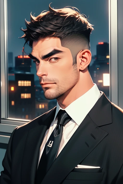 (absurdres, highres, ultra detailed), (1 male, solo, adult, mature:1.4, aged up:1.4, old age, tall muscular guy, broad shoulders, handsome), very short hair, black hair, pomade, brown eyes, (angular jaw:1.4, thick neck:1.4, thick eyebrows:1.4), BREAK, night, dark, the night view of the city through a large window, formal suit, necktie, BREAK, upper body,