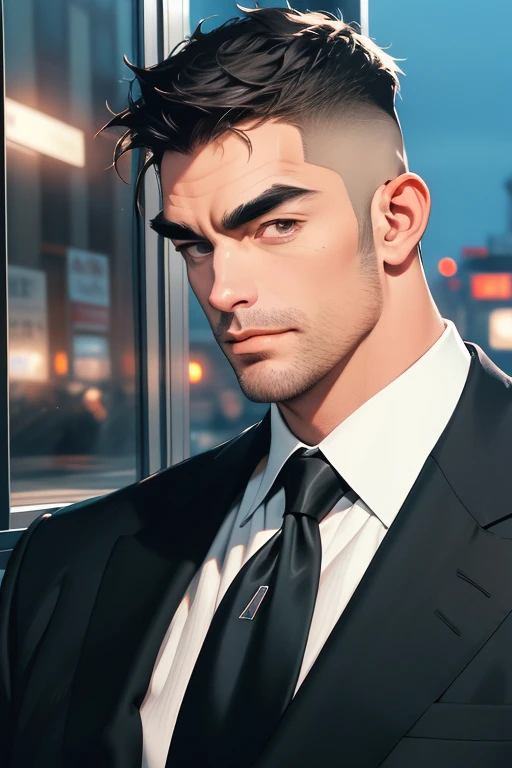 (absurdres, highres, ultra detailed), (1 male, solo, adult, mature:1.4, aged up:1.4, old age, tall muscular guy, broad shoulders, handsome), very short hair, black hair, pomade, brown eyes, (angular jaw:1.4, thick neck:1.4, thick eyebrows:1.4), BREAK, night, dark, the night view of the city through a large window, formal suit, necktie, BREAK, upper body,