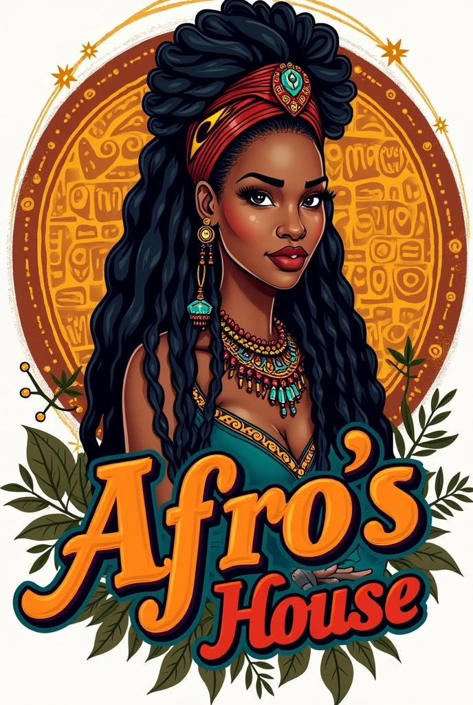 A written hair salon logo "afro's house" com vibe africana, with a woman wearing Jumbo braids