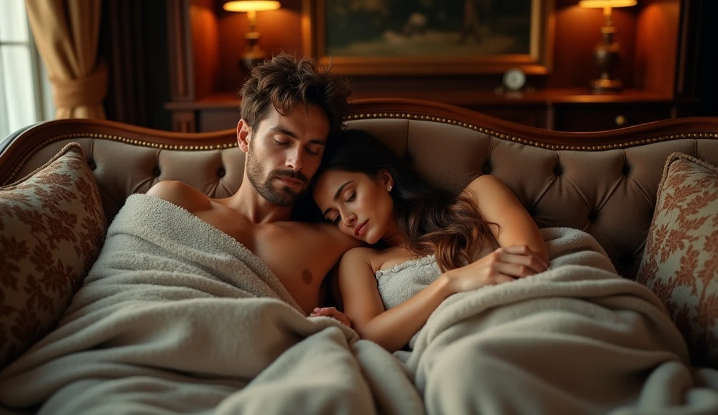 realistic photo of a couple lying next to each other hugging each other with a blanket over them. They are lying on a sofa in an elegant office. He's shirtless. She has brown hair and her eyes are closed while her head rests on his chest. He has brown hair and his eyes are closed