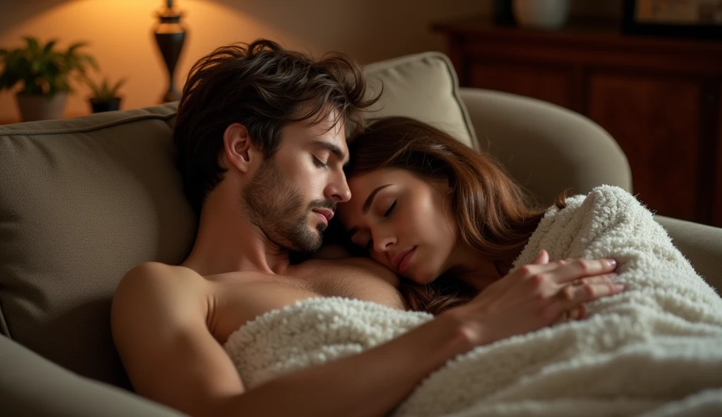 realistic photo of a couple lying next to each other hugging each other with a blanket over them. They are lying on a sofa in an elegant office. He's shirtless. She has brown hair and her eyes are closed while her head rests on his chest. He has brown hair and his eyes are closed