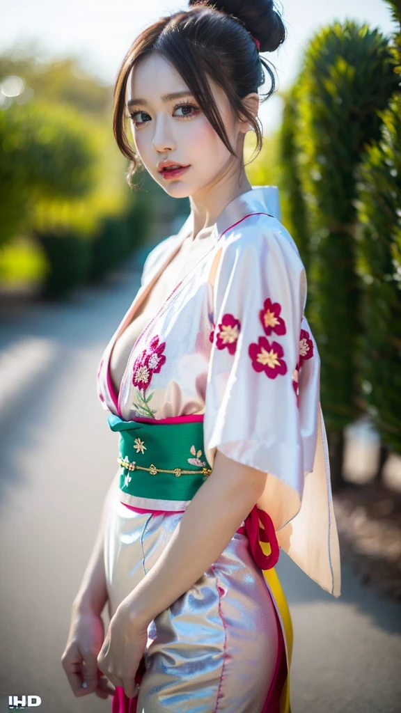 (((HD photo))), ultra high res.photorealistic:. 1.4, UHD, 1 girl Kimono dress, beautiful detailed eyes, beautiful detailed lips, extremely detailed face, long eyelashes, beautiful dress, colorful fabric, intricate embroidery, standing pose, warm lighting, golden hour, photorealistic, vibrant colors, cinematic, highly detailed, 8k, best quality