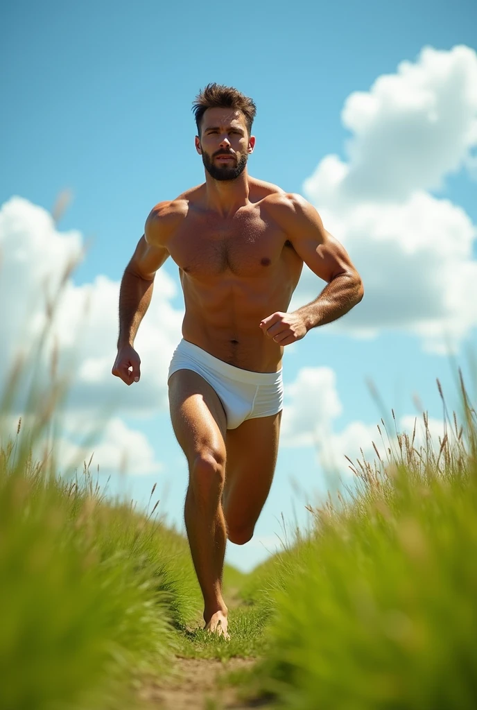 A tall strong muscular handsome guy is running in his underwear. The guy is itching with something in his underwear.