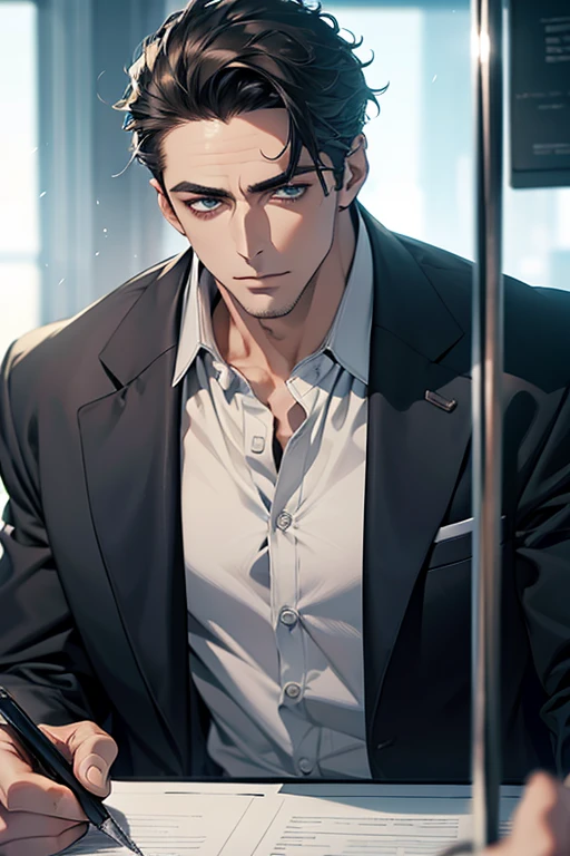 (Best Quality,4k,8k,high resolution,Masterpiece:1.2),ultra detailed,(realist,photorealist,photo-realist:1.37),1 man,31 years,mature man,very handsome,without expresion,muscled body,short gray black hair,Blue eyes,glare,perfect face without mistakes,imposing posture,businessman,office background,cinematic lighting,imagen HDR