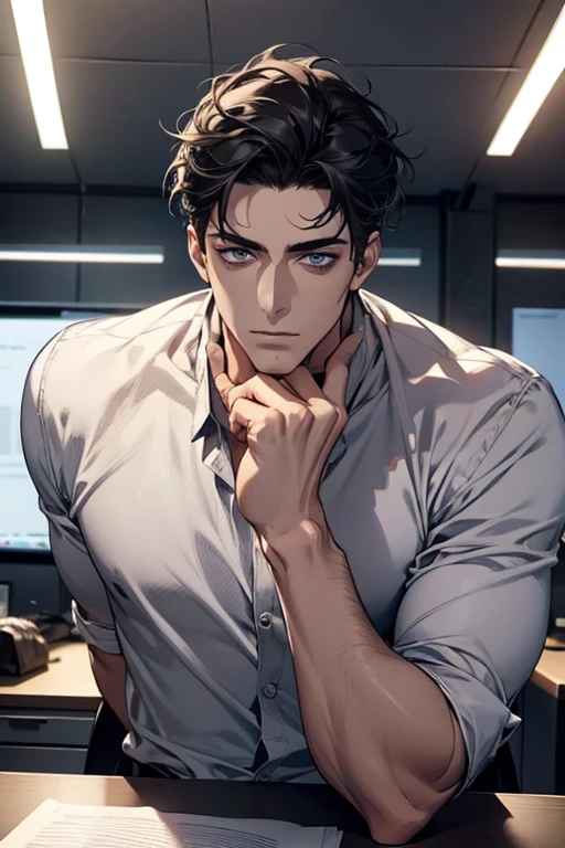 (Best Quality,4k,8k,high resolution,Masterpiece:1.2),ultra detailed,(realist,photorealist,photo-realist:1.37),1 man,31 years,mature man,very handsome,without expresion,muscled body,short gray black hair,Blue eyes,glare,perfect face without mistakes,imposing posture,businessman,office background,cinematic lighting,imagen HDR