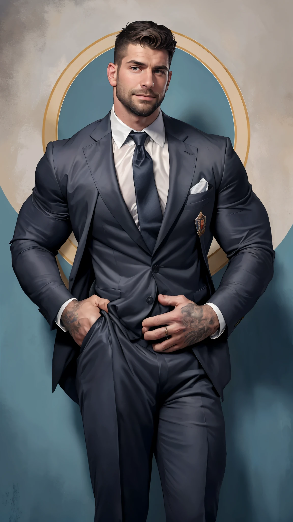 ong arms and nude chest, highly detailed painting, portrait, artwork by William-Adolphe Bouguereau, tom of finland, Gaston Bussiere, Alphonse Mucha, ethereal, poetic pastoral. handsome reference Matt Anderson (reference American Volleyball Olympics Player - Matt Anderson), (reference Matt Anderson) (bluck tattoo:1.2), beard, short hair, small head (reference Matt Anderson) tall Mature man, big beardfinger rings, wearing a suit and tie, wearing a suit and a tie, wearing suit and tie, wearing a shirt with a tie, wearing a business suit, wearing business suit, wearing black grey suit, wearing a stylish men's suit, wearing a suit, wearing a strict business suit, (8K, masterpiece, best quality, high resolution, Super detailed)elegant!Stylish background!!high-definition,8k,buzz cut!!! muscular,chesthair, Furry chest muscles!shirtless,smirk, masterpiece, best quality, high resolution, detailed background,Strong body,Very,male,he is about 30 years old,Rugged and handsome looking,Muscle tissue,Excessive muscles,chest muscles!Angry detailed background, frown, best quality, masterpiece,(muscular:1.5),(white hair:1.5 ),(Body hair is gray:1.5)