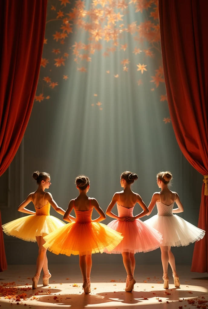 Create 4 ballet dancers in a theater, that represent the 4 seasons of the year. summer, yellow; spring, rosado; autumn, orange; and winter, white