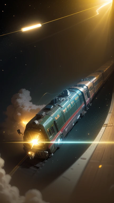 Fantasy，8k,Extremely detailed, masterpiece,High resolution,Highest quality,Increase the resolution,Cinema Lighting,Different space，4 dimensional world，Galaxy Express 999，cyber-，Steam locomotive type，A spaceship connected by multiple vehicles，Maneuvering with Ether，30-car train、Rail of light、Run through the space zone，Numerous stars，Many Galaxies，Milky Way，Cruising at the speed of light，Seeing the Earth in the distance，Lightning-fast super express，Going to Andromeda，Wide angle of view，Vision，Floating in the air，In the dazzling light