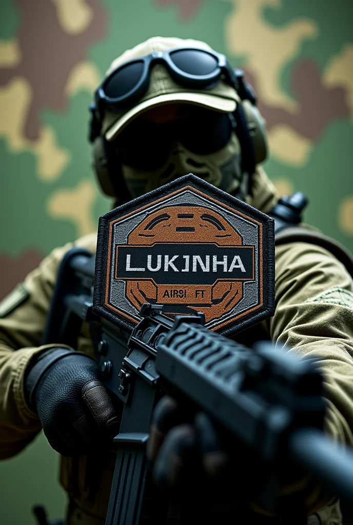 Hexagonal rubber patch , Airsoft crest , with the name Lukinha airsoft using m4 rifle weapon , camouflage background, Airsoft operator with cap and headphones
