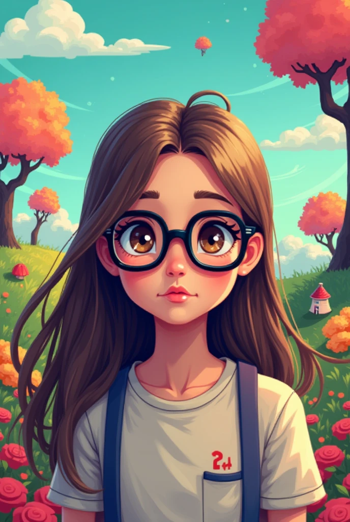 A girl with long brown hair and black glasses in pixel art style