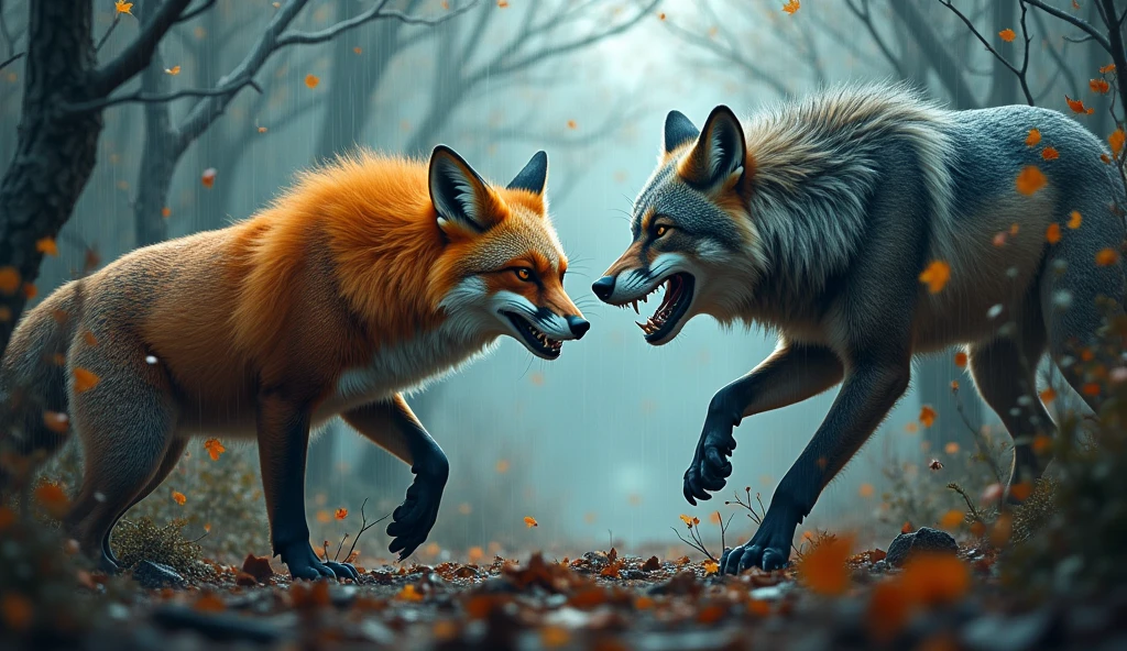 BIG ANGRY FOX GNATING TEETH AGAINST ANGRY WOLF GNATING WAR
