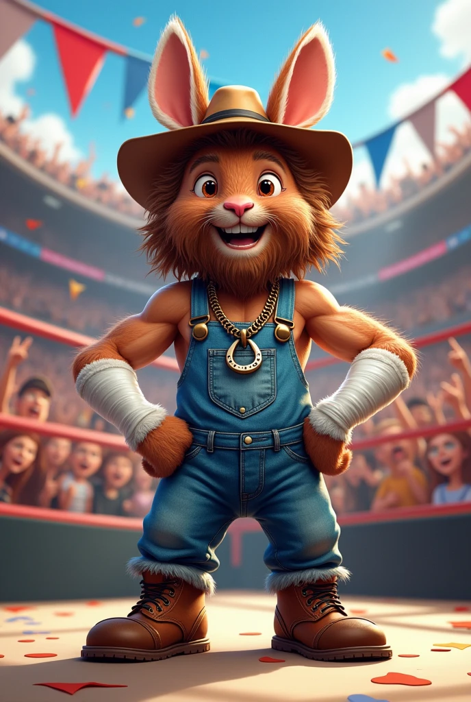 Cartoon jack Rabbit dressed like WWE wrestler Hillbilly Jim. Jack rabbit head, jack rabbit arms, jack rabbit hands, and white wrist tape. Brown frizzly hair, brown frizzly beard. Wearing no shirt, denim overalls, floppy hillbilly hat, thick chain with a horseshoe attracted around neck,, and brown wrestling boots.