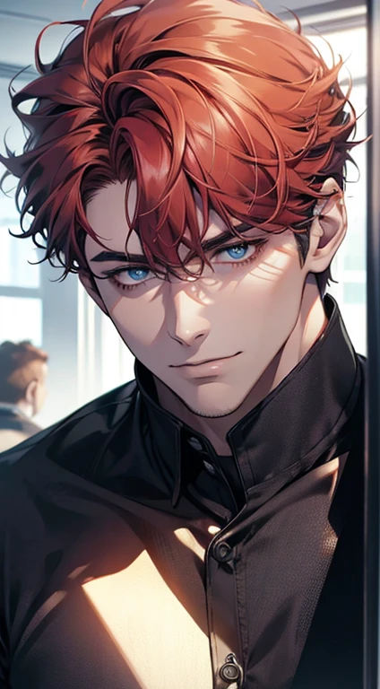 (best quality,4k,8k,highres,masterpiece:1.2),ultra-detailed,(realistic,photorealistic,photo-realistic:1.37),1 man,31 years old,mature man,very handsome,without expression,smile,short red white hair,blue eyes,penetrating gaze,perfect face without errors,imposing posture,businessman,office background,cinematic lighting,hdr image
