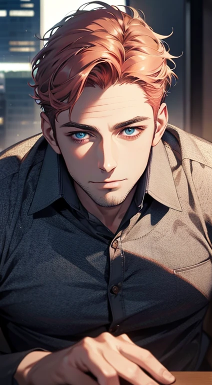 (best quality,4k,8k,highres,masterpiece:1.2),ultra-detailed,(realistic,photorealistic,photo-realistic:1.37),1 man,31 years old,mature man,very handsome,without expression,smile,short red white hair,blue eyes,penetrating gaze,perfect face without errors,imposing posture,businessman,office background,cinematic lighting,hdr image