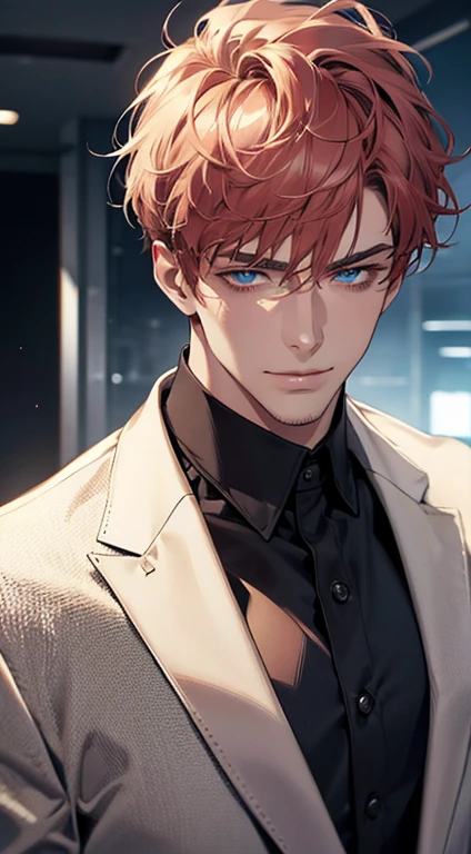 (best quality,4k,8k,highres,masterpiece:1.2),ultra-detailed,(realistic,photorealistic,photo-realistic:1.37),1 man,31 years old,mature man,very handsome,without expression,smile,short red white hair,blue eyes,penetrating gaze,perfect face without errors,imposing posture,businessman,office background,cinematic lighting,hdr image
