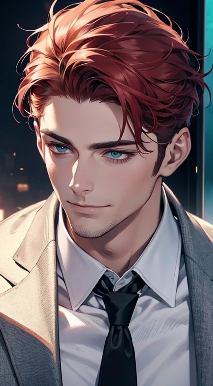 (best quality,4k,8k,highres,masterpiece:1.2),ultra-detailed,(realistic,photorealistic,photo-realistic:1.37),1 man,31 years old,mature man,very handsome,without expression,smile,short red white hair,blue eyes,penetrating gaze,perfect face without errors,imposing posture,businessman,office background,cinematic lighting,hdr image