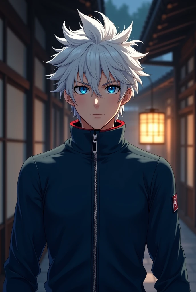 realistic young handsome Asian male, with styled white hair like satoru gojo. has very vibrant blue eyes. Wears a dark blue zip-up jacket with a high collar that's also fairly wide. backgroud is japanse dojo and it is dark outside