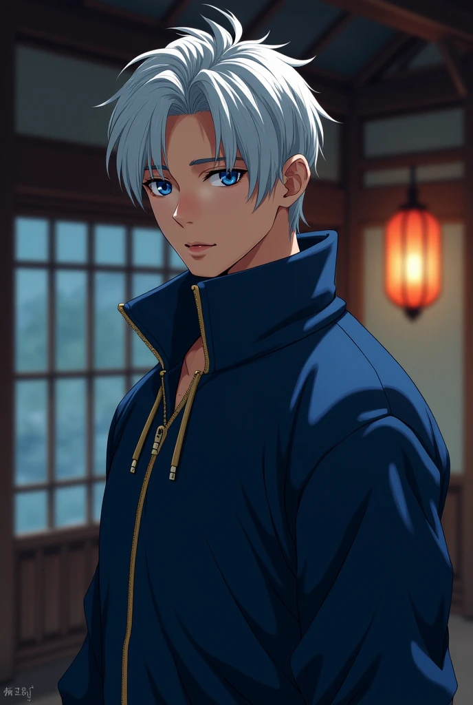 realistic young handsome Asian male, with styled white hair like satoru gojo. has very vibrant blue eyes. Wears a dark blue zip-up jacket with a high collar that's also fairly wide. backgroud is japanse dojo and it is dark outside