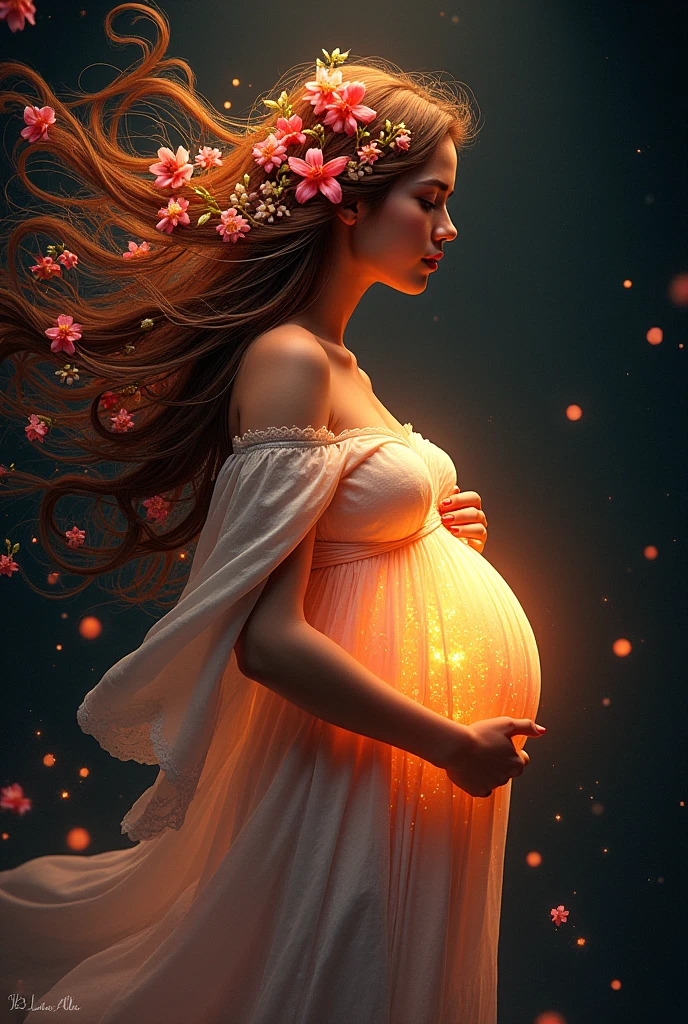 A beautiful and ethereal woman, her long hair adorned with flowers, her pregnancy glowing with life. A caring midwife attends to her, as the dark background is accented with vibrant blooms. Hyper-realistic full-color illustration, (best quality,4k,8k,highres,masterpiece:1.2),ultra-detailed,(realistic,photorealistic,photo-realistic:1.37),beautiful woman, pregnant woman, flowers in hair, long hair, midwife, dark background, floral accents, hyper-realistic, full color, vibrant colors, detailed portrait, intricate details