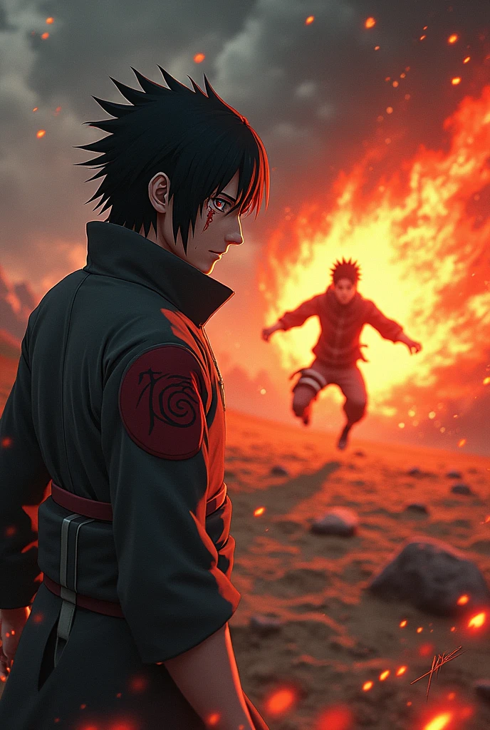 sasuke uchiha showing his mangekyou sharingan with a bleeding eye, Furthermore, behind him appears Naruto with the nine-tailed fox cloak going towards him to punch him