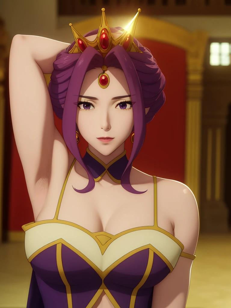 Armpit Show,Sleeveless,Highestquality, masterpiece,(sunset:1.2),Inside the castle, Great Hall ,Red carpet on the floor,
Stand in an upright and immobile position,
Queen's Dress,Long sleeve,Golden crown with jewels,clavicle, Deep valley,
purple_hair, purple_eye, jewelry, Earrings,
1 person, 20-year-old,infp young woman,beautiful Finger,beautiful long legs,beautiful body,
beautiful nose,beautiful character design, Perfect Eyes, 完璧なface,表情豊かなeye,
View your viewers, Center the image,(Upper Body_body),(彼女のfaceに注eye),
Official Art,Very detailed CG Unity 8k 壁紙, Perfect Lighting,colorful, bright_front_face_Lighting,Glowing Skin,
(Tabletop:1.0),(Highest_quality:1.0), 超High resolution,4K,Very detailed,
photograph, 8k, Hmph, High resolution, Absurd:1.2, 400 for Kodak Port, Film Grain, Blurred Background, Bokeh:1.2, Lens flare, (Vibrant_color:1.2)
(beautiful,chest), (beautiful_face:1.5),(narrow_Waist),