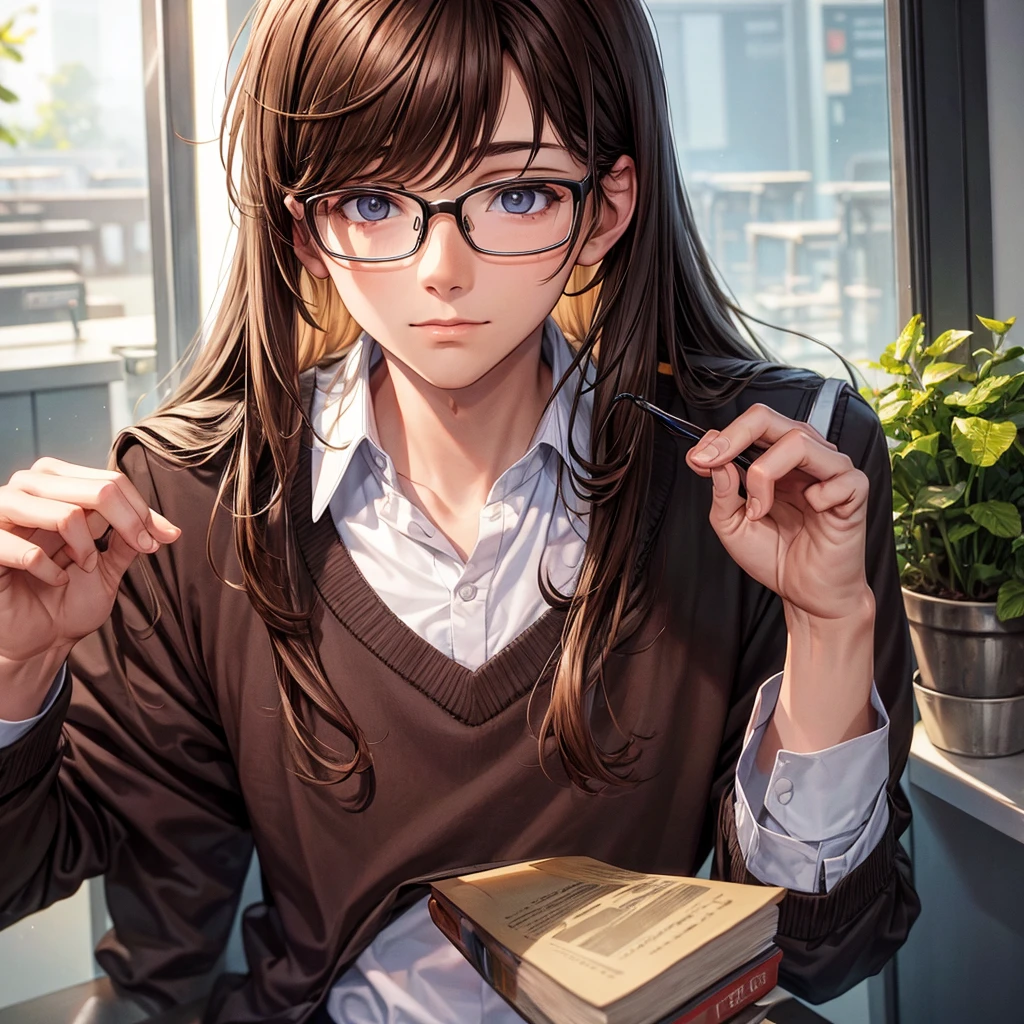 Brown haired nerd boy, He has glasses and a school uniform