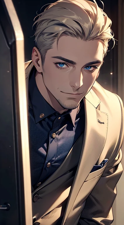 (best quality,4k,8k,highres,masterpiece:1.2),ultra-detailed,(realistic,photorealistic,photo-realistic:1.37),1 man,31 years old,mature man,very handsome,without expression,smile,short grey golden hair,blue eyes,penetrating gaze,perfect face without errors,imposing posture,businessman,office background,cinematic lighting,hdr image