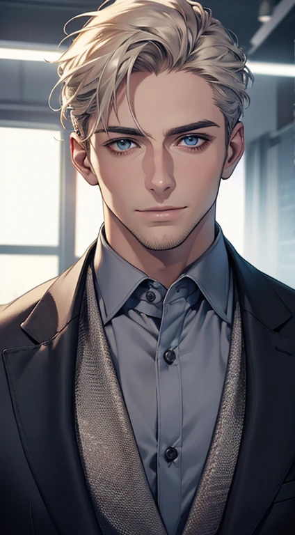 (best quality,4k,8k,highres,masterpiece:1.2),ultra-detailed,(realistic,photorealistic,photo-realistic:1.37),1 man,31 years old,mature man,very handsome,without expression,smile,short grey golden hair,blue eyes,penetrating gaze,perfect face without errors,imposing posture,businessman,office background,cinematic lighting,hdr image