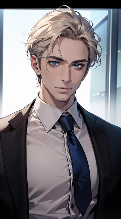 (best quality,4k,8k,highres,masterpiece:1.2),ultra-detailed,(realistic,photorealistic,photo-realistic:1.37),1 man,31 years old,mature man,very handsome,without expression,smile,short grey golden hair,blue eyes,penetrating gaze,perfect face without errors,imposing posture,businessman,office background,cinematic lighting,hdr image