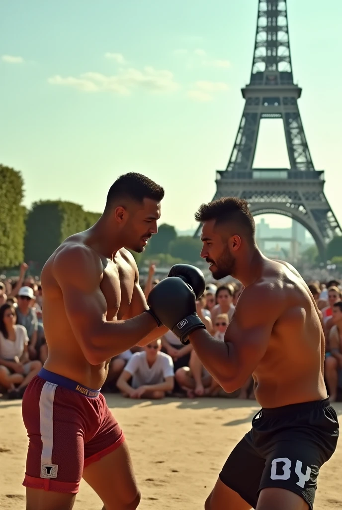 In a Paris Olympics morning scene, 2 male muscular handsome attractive naked fighters are sweating in an arena in front of the Eiffel Tower watched by enthusiastic spectators. The faces are facing the camera. One fighter's hand is cupping the crotch of the other's, both are on the ground wrestling. The Eiffel Tower has an Olympic symbol. Fierce homoerotic faces