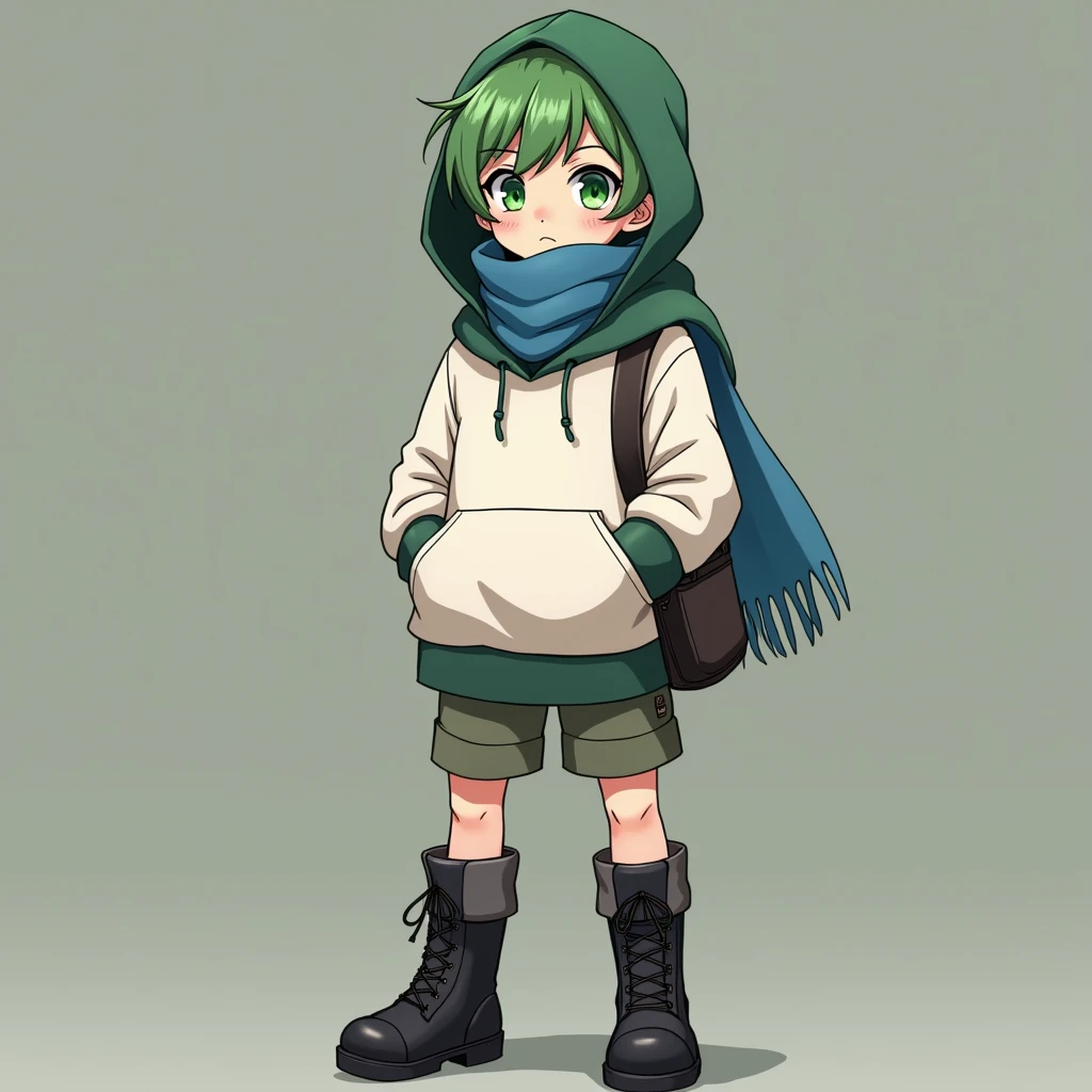full body photo, serious face, Athletic, 31 year old Halfling, green colored eyes, blue scarf, white sweatshirt with green hood , Black boots, handbag, Anime Village saga, 4K, epic, Village saga.