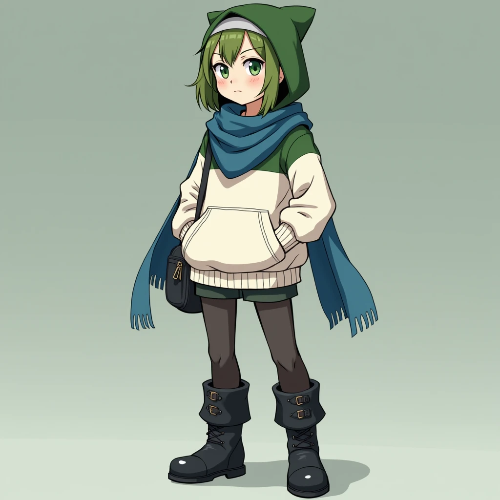 full body photo, serious face, Athletic, 31 year old Halfling, green colored eyes, blue scarf, white sweatshirt with green hood , Black boots, handbag, Anime Village saga, 4K, epic, Village saga.