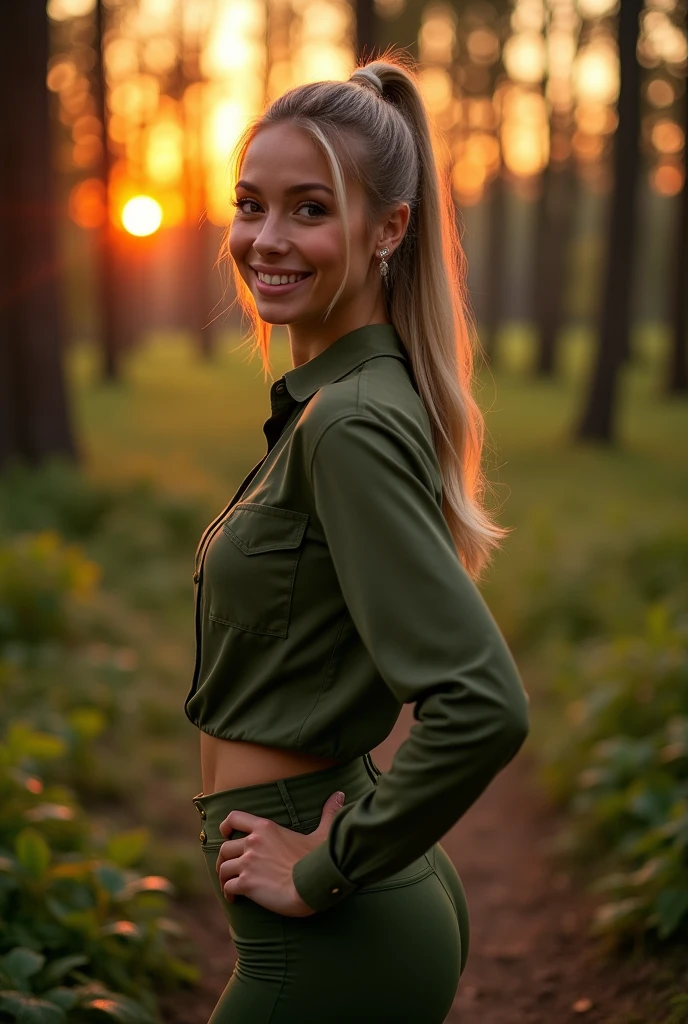 Foto hiper-realista em close de Emily Sears , work of art, best qualityer, (photorrealistic:1.4), whole body, (military green blouse:1.1), (army green yoga pants:1.2),, Thu, forest walks, romantic sunset, cores do Thu,  cinematic light, beautfull woman, skinny, breasts big, straight blonde hair, ponytail hair, face detailed, ssmile, photo taken from a distance, sticking your ass out, big-ass