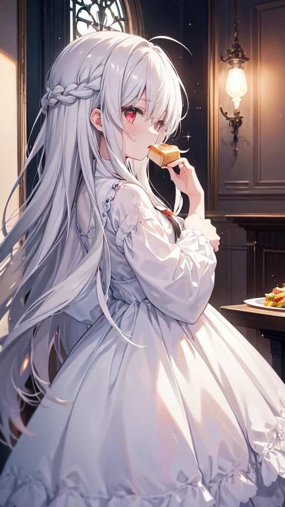 One person, One personで, Long Hair, High resolution, chest, blush, とてもLong Hair, Gray Hair, Ahoge, High resolution, masterpiece, Highest quality, Simple Background, Rear view, Red eyes, Foodを取り外します, Sparkle Effect, Please open your mouth a little,profile、Gothic interior、White Dress、Noble、Lady、Overhead?、?mark、Look Up、Open your mouth, Simple Background, Food, 猫耳Food, 猫耳型Food, Overlooking,