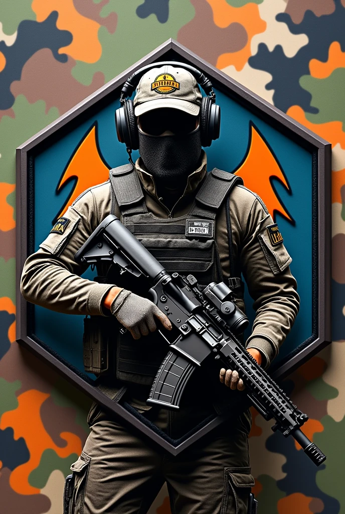 Hexagonal rubber patch , Airsoft crest , with the name Lukinha airsoft using m4 rifle weapon , camouflage background, Airsoft operator with cap and headphones