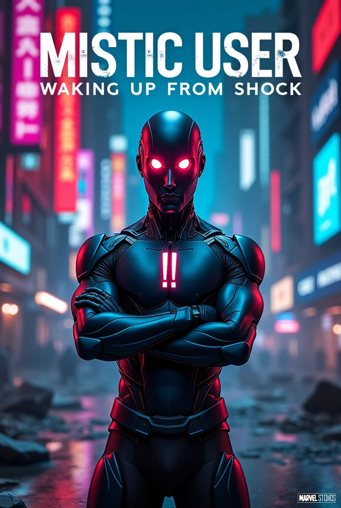 Marvel style promotional poster featuring a slim cyborg main character with a robotic head with two exclamation marks on his face, in an epic pose with a title that says "mistic user" with a medium robotic font style and below and smaller in a minimalist font style "waking up from shock" with a movie image tone and with the marvelstudios logo over the text and small