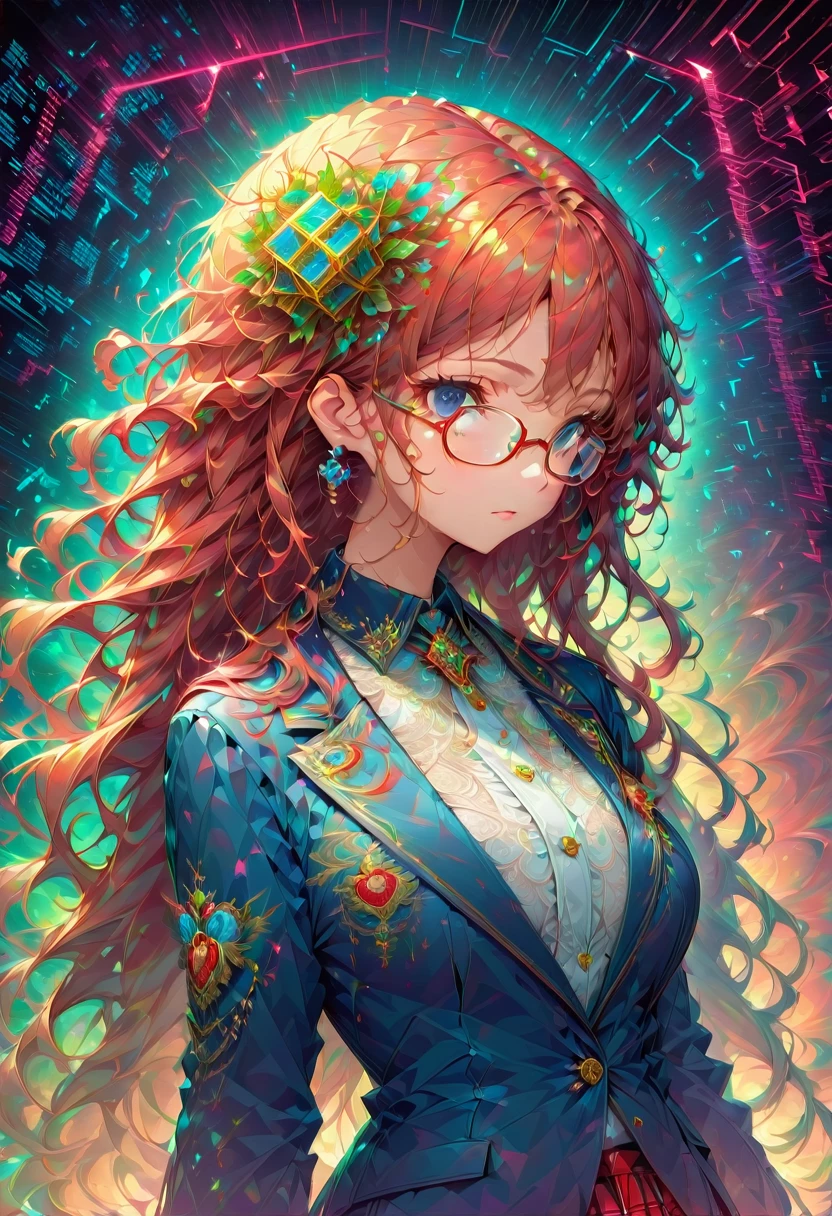 masterpiece, (beautifully、aesthetic:1.5), Surrealism, Very detailed, anime, A profile picture of a girl, wear White blouse with formal collar, Blue Blazer, Red Check Skirt, Her hair was adorned with beautiful ornaments, Long Hair, Curly Hair, Black Eyes, ((Glasses)), Red and navy blue color palette, Hard brush, Binary Code Effect, Minimalist low poly collage illustration, Painting effect, Dark ink, Featured on pixiv, saturated color, Hypercube, Pixel Sorting, A magnificent composition, Epic proportions, Dynamic Lighting, High resolution