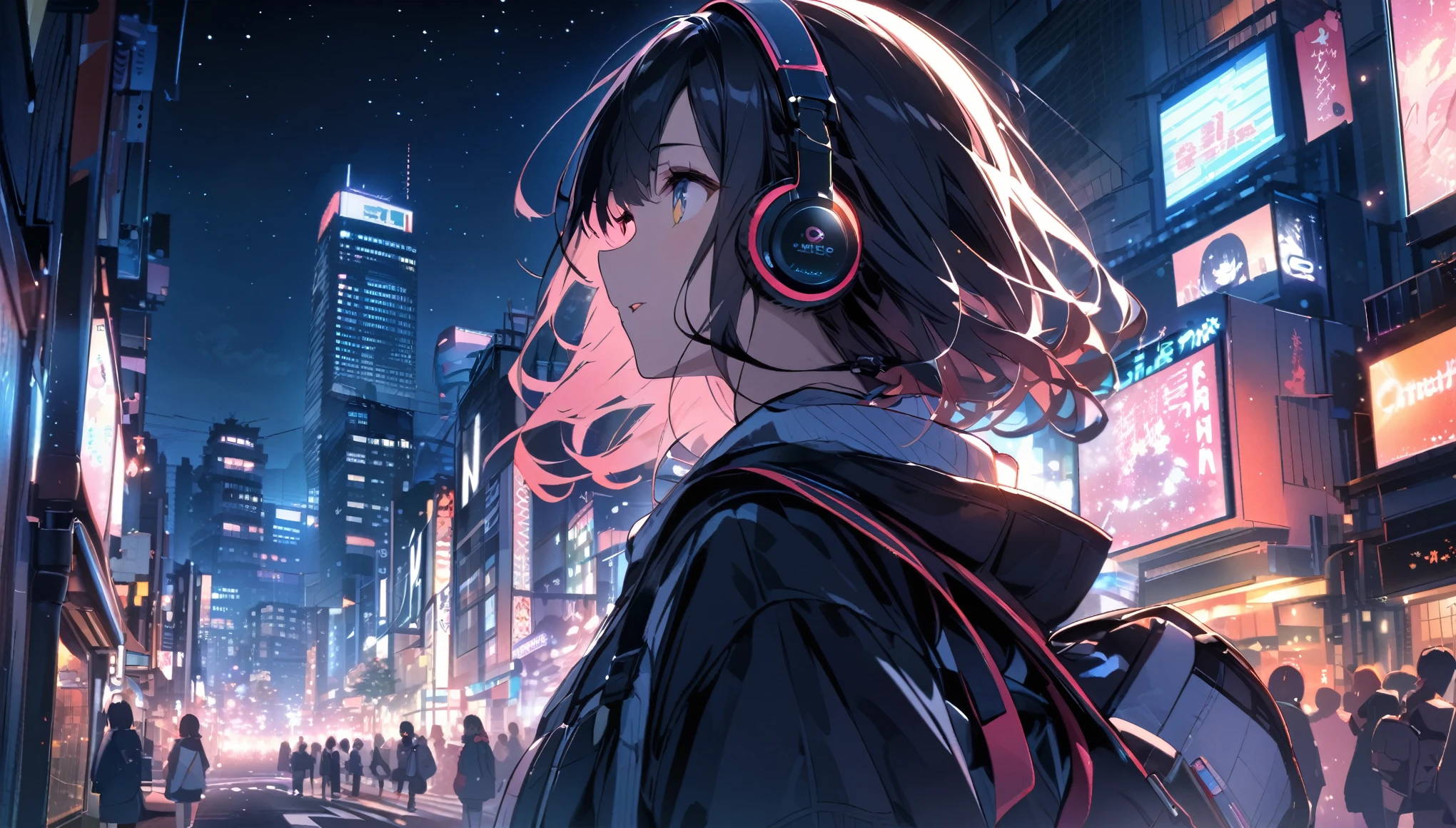 View of Tokyo city,Night starry sky,Streetscape、listen to music、Japanese
