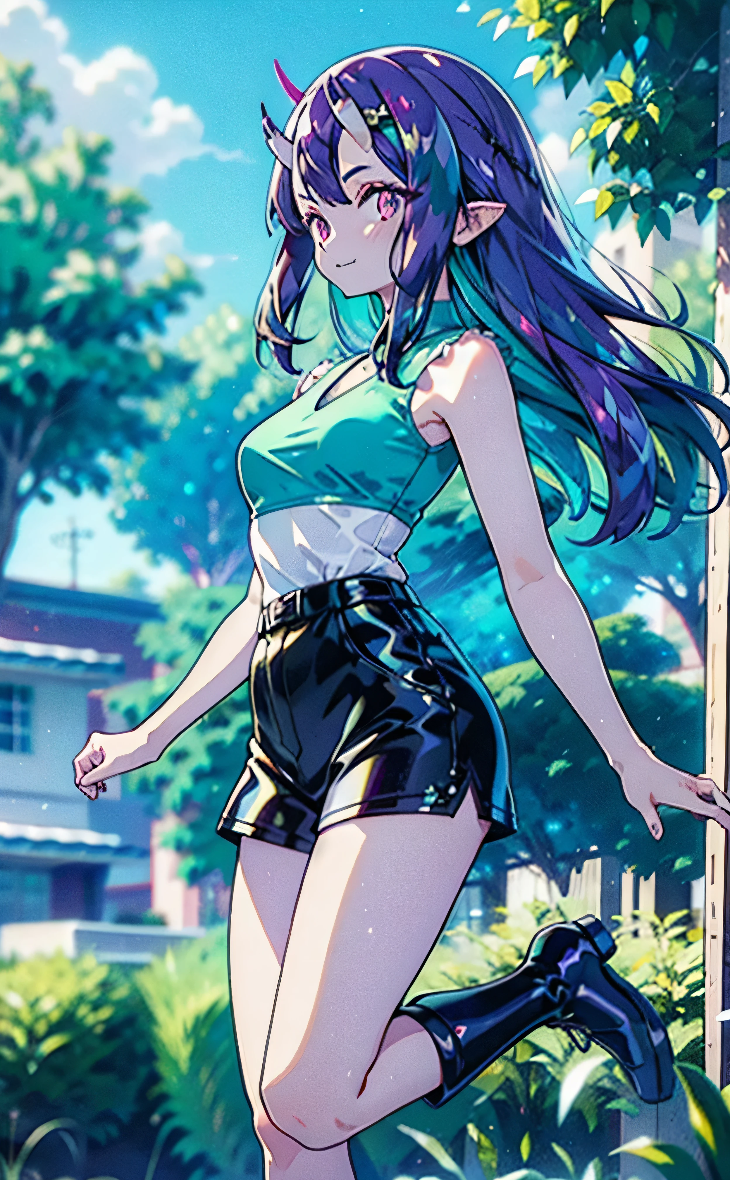 1girl, mature, lum, purple hair, ((bangs)), ((hime cut)), long hair, short side fringe, (((tiny horns on forehead))), (((cyan top))), (((empire waistline))), ruffled shirt, flowy shirt, (sleeveless), ((medium breasts)), black short shorts, pink eyes, sharp eyes, eyeshadow, smile, floating, bare legs, BREAK, (red ankle boots), in school, courtyard, grass, trees, school building, cute, full_body,  