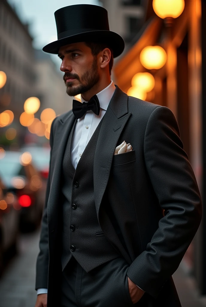 A man in a suit and top hat looking to the side