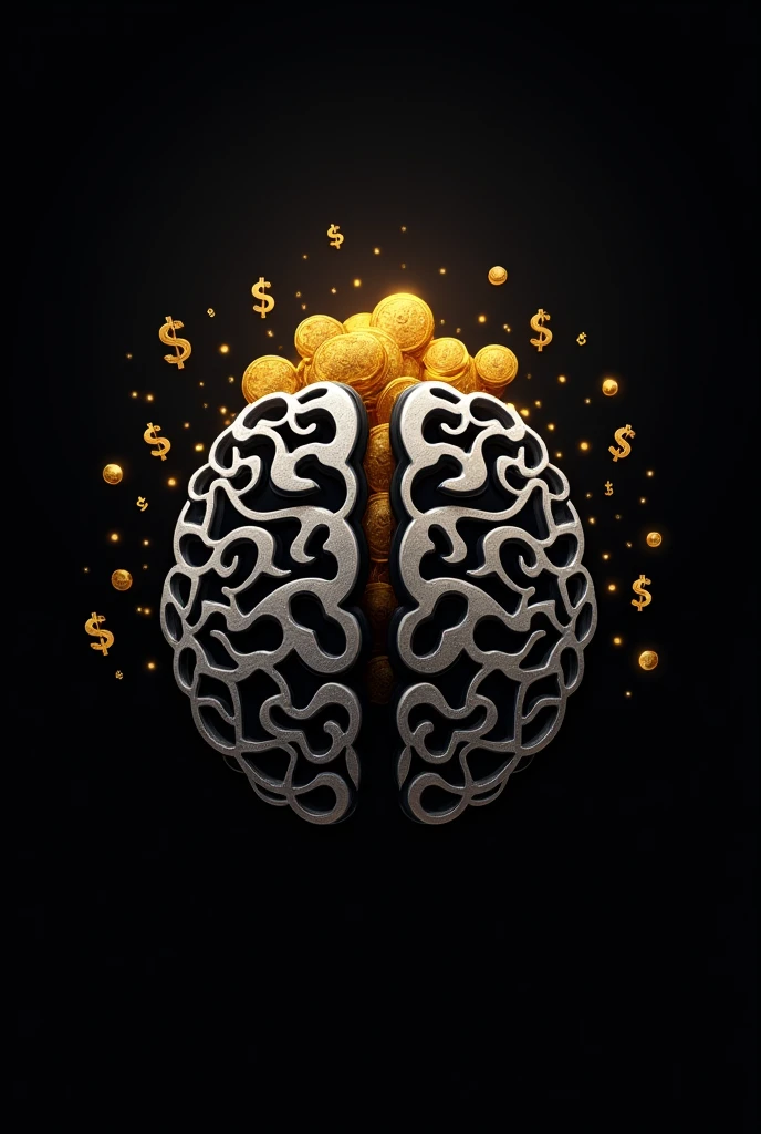 a logo-shaped image, that contains a brain and something related to money , in a dark theme
