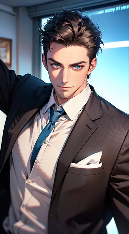 (best quality,4k,8k,highres,masterpiece:1.2),ultra-detailed,(realistic,photorealistic,photo-realistic:1.37),1 man,31 years old,mature man,very handsome,without expression,smile,short grey black hair,blue eyes,penetrating gaze,perfect face without errors,imposing posture,businessman,office background,cinematic lighting,hdr image