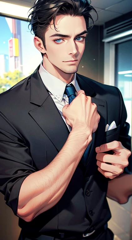 (best quality,4k,8k,highres,masterpiece:1.2),ultra-detailed,(realistic,photorealistic,photo-realistic:1.37),1 man,31 years old,mature man,very handsome,without expression,smile,short grey black hair,blue eyes,penetrating gaze,perfect face without errors,imposing posture,businessman,office background,cinematic lighting,hdr image