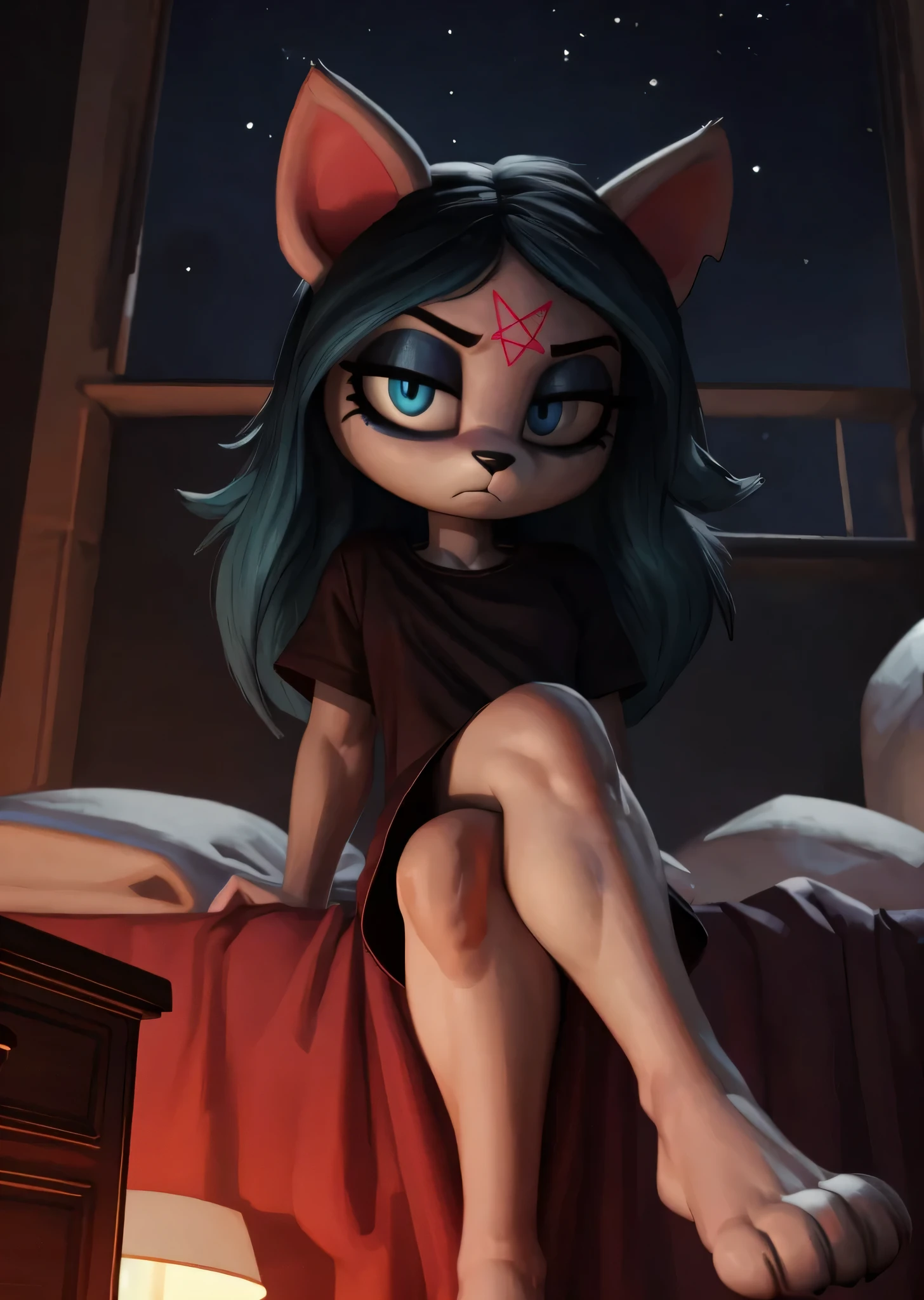 [Claire], [the summoning], [Uploaded to e621.net; (Pixelsketcher), (wamudraws)], ((masterpiece)), ((HD)), ((high res)), ((solo portrait)), ((waist up)), ((front view)), ((low angle view)), ((detailed fur)), ((detailed soft shading)), ((beautiful render art)), {anthro; (slim figure), white fur, black nose, (cat snout), (cat ears), (cut on left ear), long blue hair, (bang over left eye), (pink pentagram on forehead), (cute blue eyes), (half-closed eyes), (short eyelashes), (indigo eyeshadow), (curvy hips), (beautiful legs), (intimidating glare), (bored expression)}, {(long black baggy tee shirt), (pink pajama shorts visible)}, {(looking at viewer)}, [ambient lighting, bedroom, window, starry sky, nighttime, lamp]