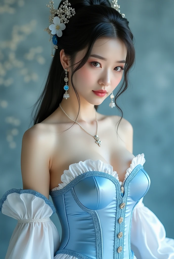 Beautiful Chinese woman, photorealistic, silk snow white cosplay, blue corset, satin, shiny, large breasts
