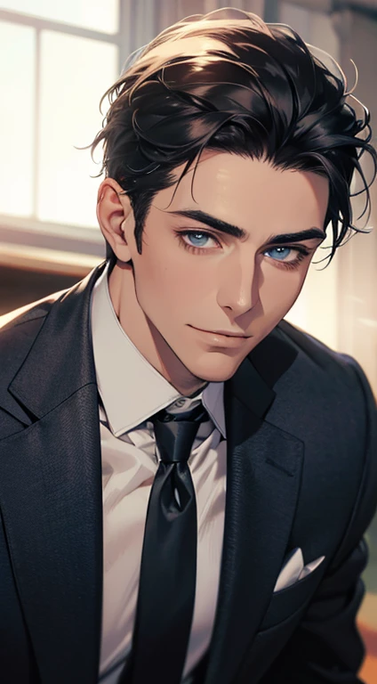 (best quality,4k,8k,highres,masterpiece:1.2),ultra-detailed,(realistic,photorealistic,photo-realistic:1.37),1 man,31 years old,mature man,very handsome,without expression,smile,short grey black hair,blue eyes,penetrating gaze,perfect face without errors,imposing posture,businessman,office background,cinematic lighting,hdr image