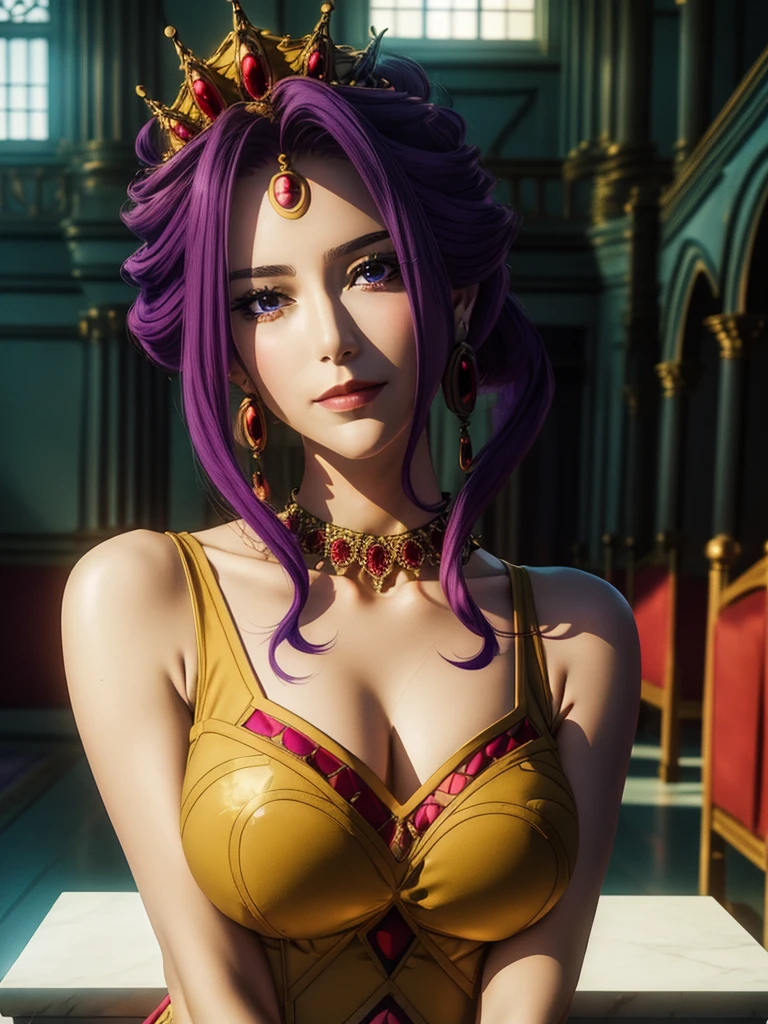 Armpit Show,Sleeveless,Highestquality, masterpiece,(sunset:1.2),Inside the castle, Great Hall ,Red carpet on the floor,
Stand in an upright and immobile position,
Queen's Dress,Long sleeve,Golden crown with jewels,clavicle, Deep valley,
purple_hair, purple_eye, jewelry, Earrings,
1 person, 20-year-old,infp young woman,beautiful Finger,beautiful long legs,beautiful body,
beautiful nose,beautiful character design, Perfect Eyes, 完璧なface,表情豊かなeye,
View your viewers, Center the image,(Upper Body_body),(彼女のfaceに注eye),
Official Art,Very detailed CG Unity 8k 壁紙, Perfect Lighting,colorful, bright_front_face_Lighting,Glowing Skin,
(Tabletop:1.0),(Highest_quality:1.0), 超High resolution,4K,Very detailed,
photograph, 8k, Hmph, High resolution, Absurd:1.2, 400 for Kodak Port, Film Grain, Blurred Background, Bokeh:1.2, Lens flare, (Vibrant_color:1.2)
(beautiful,chest), (beautiful_face:1.5),(narrow_Waist),